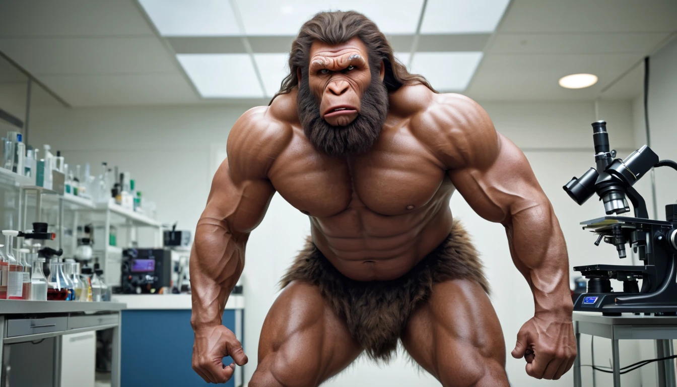 (RAW photo of a Neanderthals:1) , (hyper realistic:1.4), Historical, primitive, (Neanderthal man),(half gorilla mix :0.55), tall, (very muscular:1.8), (hairy body:1.5),(detail face:1.1), tan skin, thick arms, (veiny arms:1), (bloated gut:1.1),(wearing loincloth:1.1), thick legs, rounded pecs, big arms, veiny arms, hunching down, dark brown skin, ( in a lab surrounded by thin scientists:1.1) ,hdr, photorealistic
masterpiece, cinematic, best quality, sharp focus, 