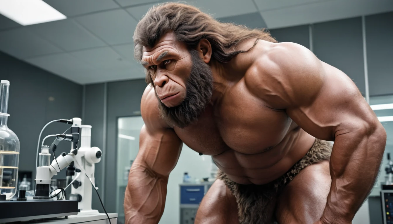 (RAW photo of a Neanderthals:1) , (hyper realistic:1.4), Historical, primitive, (Neanderthal man),(half gorilla mix :0.55), tall, (very muscular:1.8), (hairy body:1.5),(detail face:1.1), tan skin, thick arms, (veiny arms:1), (bloated gut:1.1),(wearing loincloth:1.1), thick legs, rounded pecs, big arms, veiny arms, hunching down, dark brown skin, ( in a lab surrounded by thin scientists:1.1) ,hdr, photorealistic
masterpiece, cinematic, best quality, sharp focus,