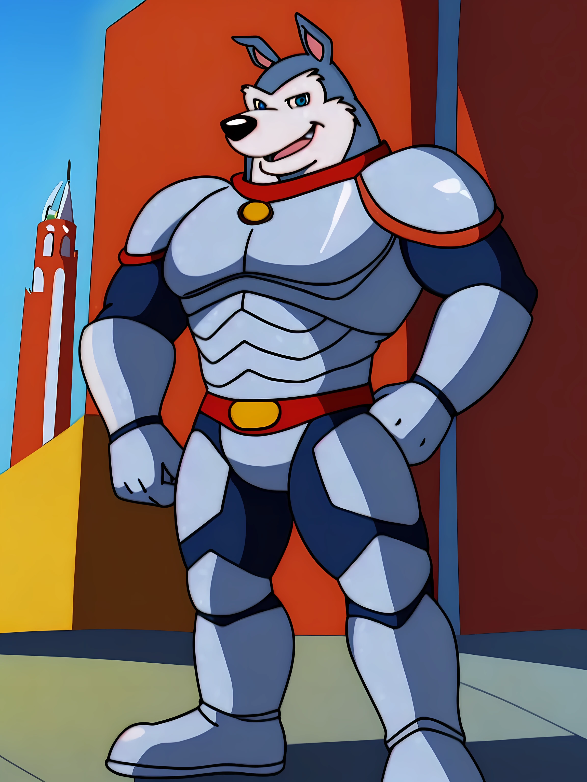 Exile (Road Rovers), blue fur, white fur, anthro, dog, solo, full body, muscular, pectorals, red dog collar, pet tag coin, smile, high quality, best resolution, cel shaded, light blue eyes, detailed eyes, silver uniform, silver armor, silver gloves, silver boots, white background, no background, standing, looking at camera