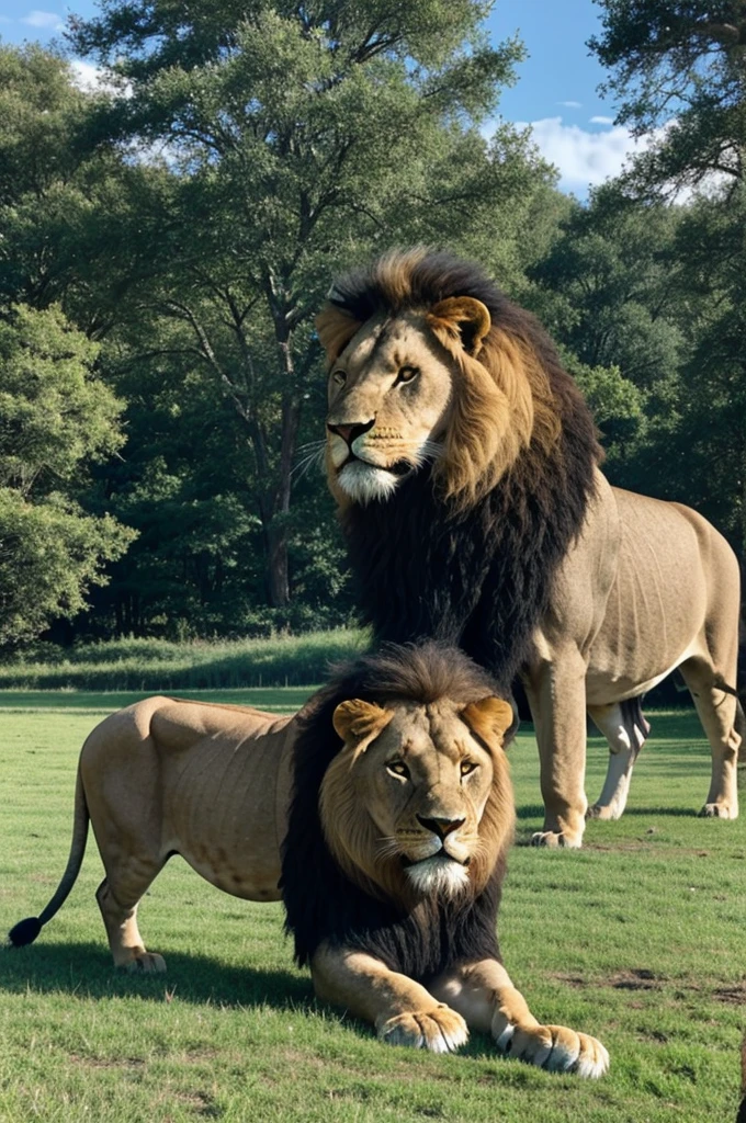 A lion in a submissive posture, bowed with head down and showing respect, in front of a large and imposing log. The lion has a calm and submissive expression, with one front leg slightly extended forward. The bull, with its large size and curved horns, has a majestic and dominant presence. Both animals are in a green meadow under a clear blue sky, in a scene that reflects a balance of respect and power between the two creatures.