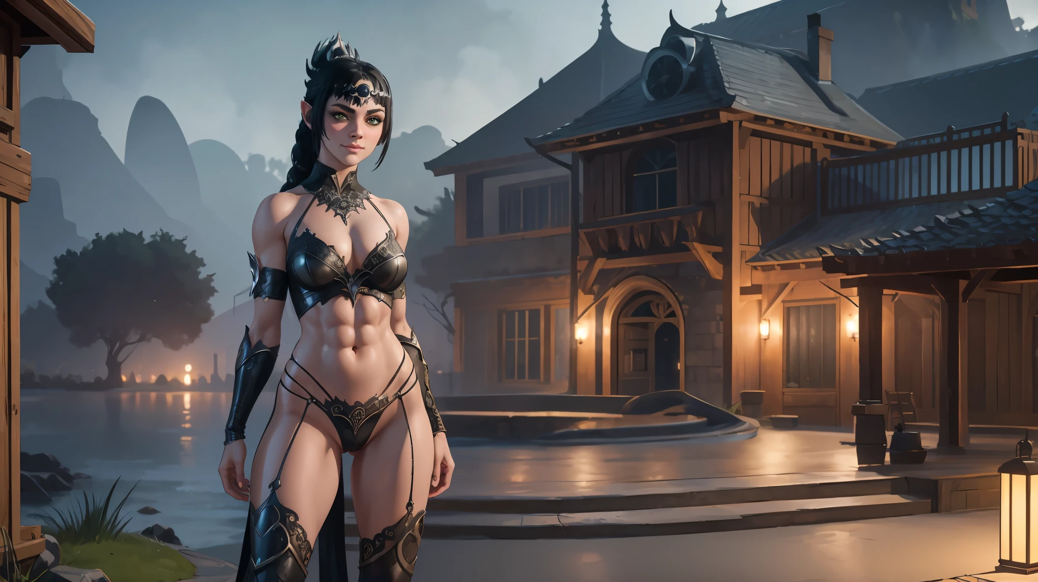 face expression smirk,smirkinggreen eyes shadowheart ,oiled skin,solo, masterpiece, best quality, shadowheart, black hair, braided ponytail, green eyes, big tits, vagina ,circlet,full body , full shot , unhappy, sketch, looking at viewer, city background, posing , sexy pose, blushing, oily skin, sexy, big tits, sexy pose,abs,muscular,forest , glowing eyes,medieval buildings, (sexy posed)