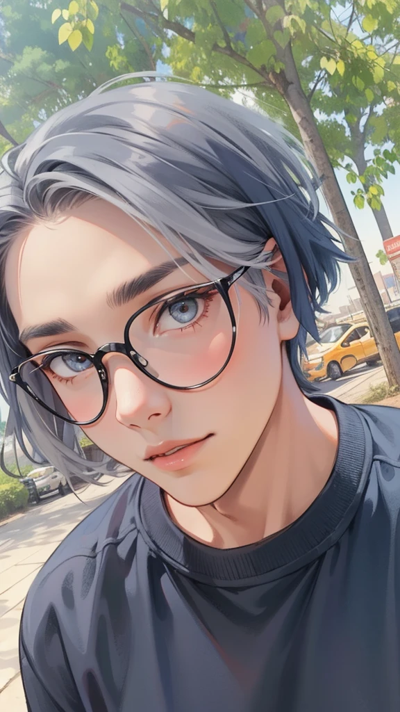 In the background is a silver city Two 15-year-old age friends with blue hair, With Latin skin and light gray hair on the outskirts of a large silver city they are talking about an important topic they are friends almost like brothers..............