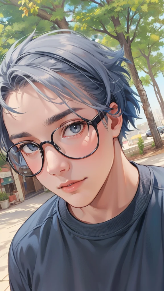 In the background is a silver city Two 15-year-old teenage friends with blue hair, With Latin skin and light gray hair on the outskirts of a large silver city they are talking about an important topic they are friends almost like brothers..............