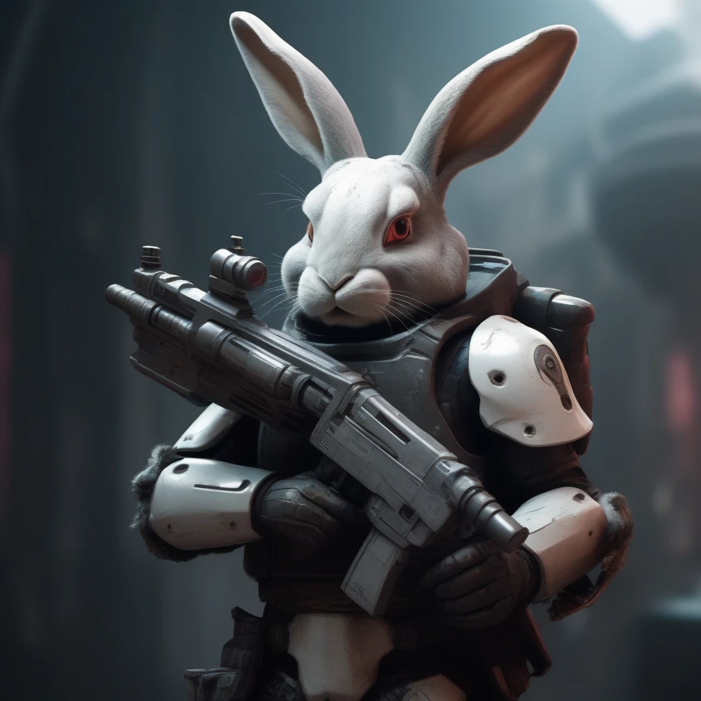 anthoropomorphic rabbit warrior from the future holding a blaster, closeup