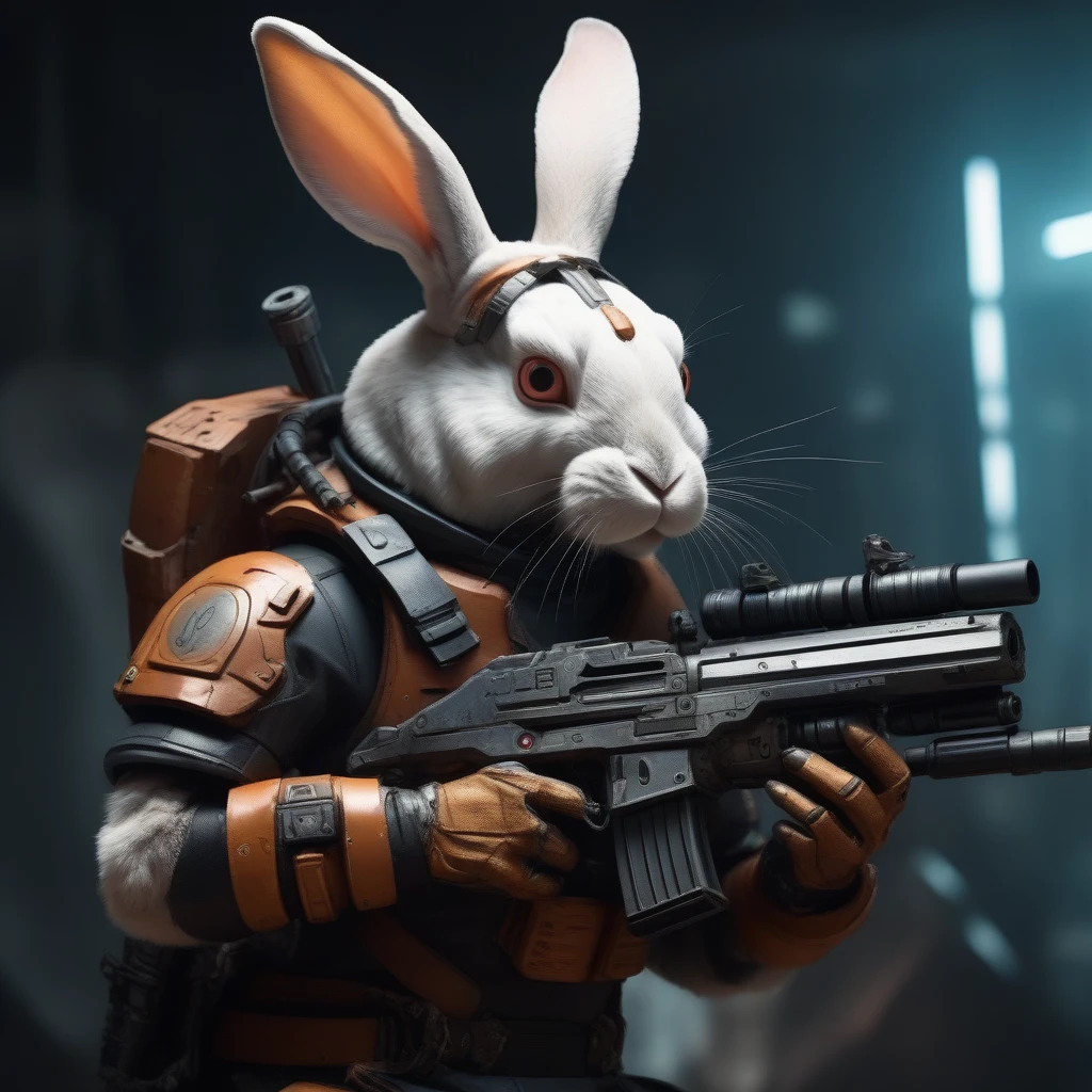 anthoropomorphic rabbit warrior from the future holding a blaster, closeup