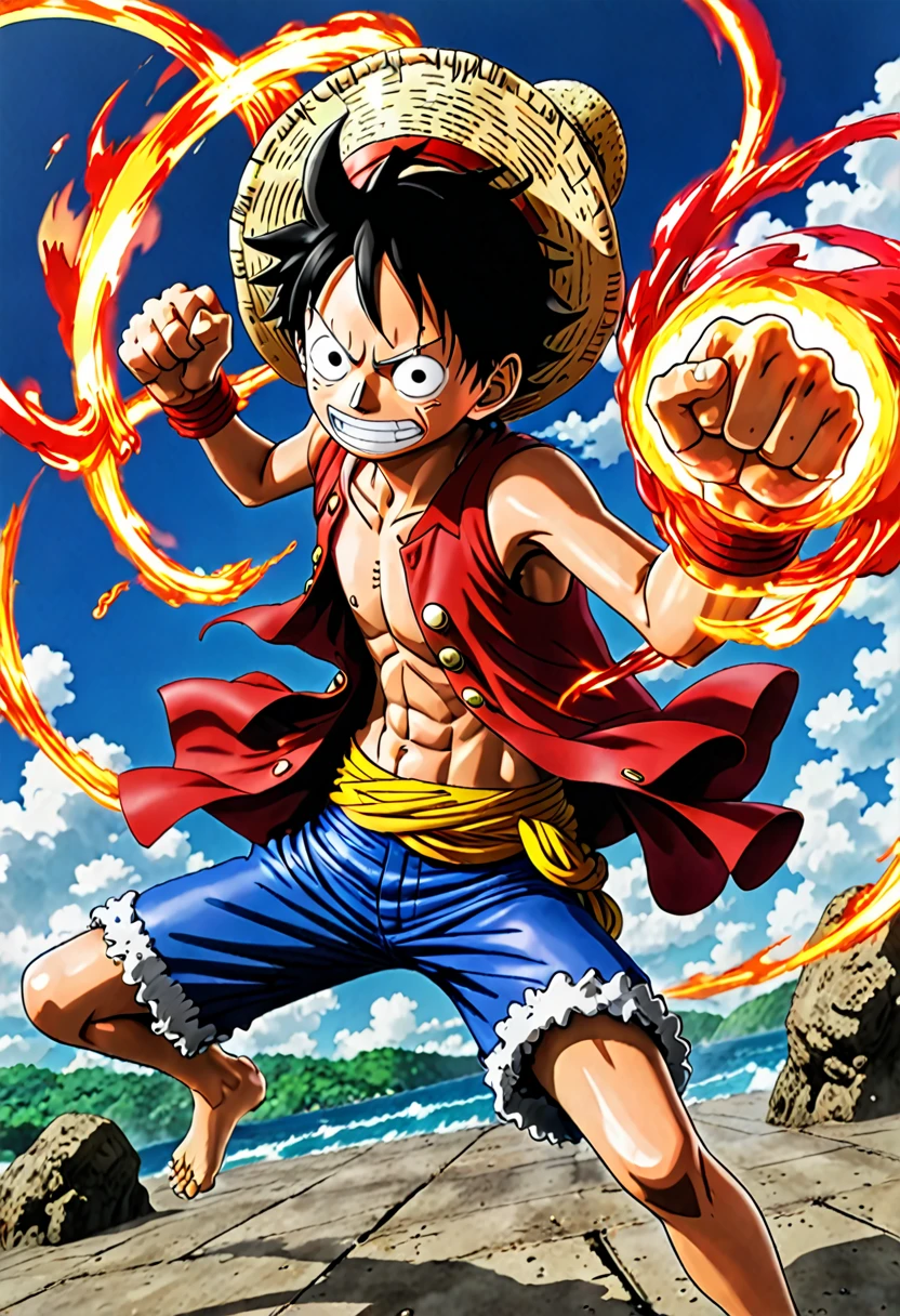 a real photo of Luffy from one piece in his joyboy gear fifth form fighting a battle jumoing through air with a red aura around his fist
