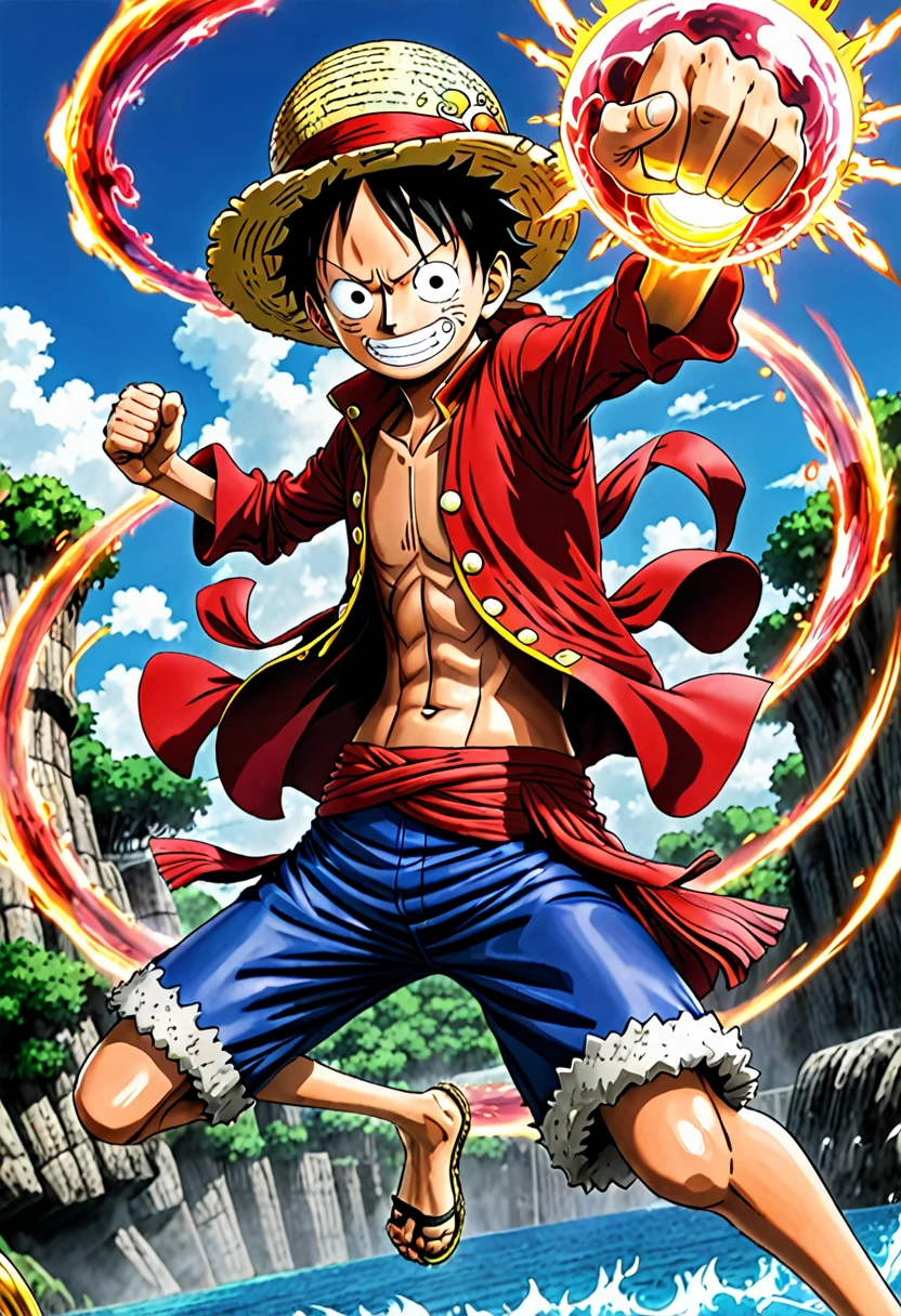 a real photo of Luffy from one piece in his joyboy gear fifth form fighting a battle jumoing through air with a red aura around his fist

