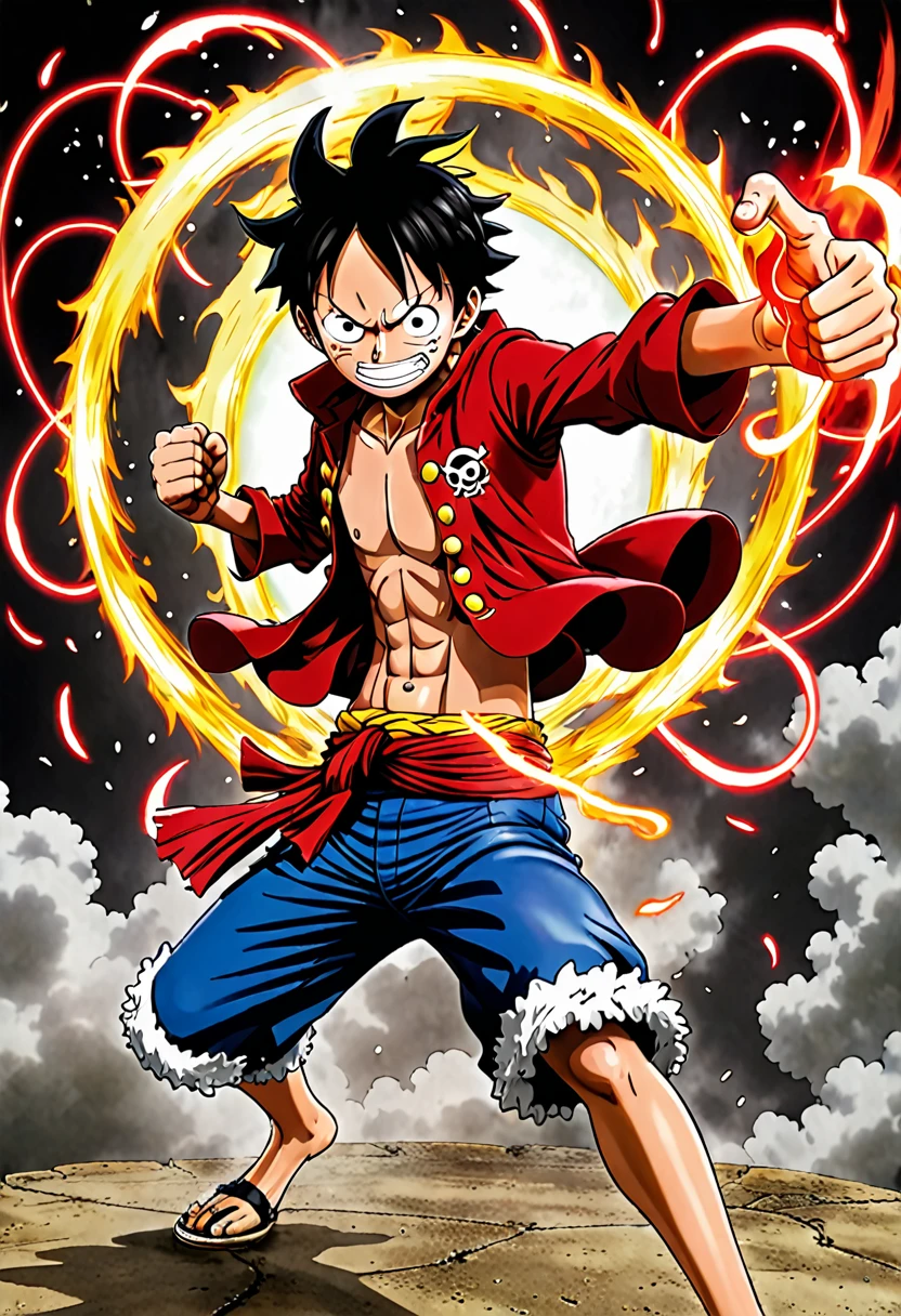 a real photo of Luffy from one piece in his joyboy gear fifth form fighting a battle jumoing through air with a red aura around his fist