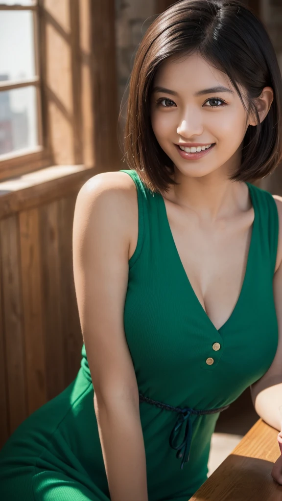 (Highest quality,masterpiece:1.3,Ultra-high resolution),(Very detailed,Caustics,8K), (Realistic:1.4, RAW shooting),(A city shrouded in mystery, Dense teeth), Sunlight shining through ,Light pours down,26 years old,cute,Are standing,(smile),Looking into the camera,Short black hair,(Green Dress), (Bust up shot),(Low position),(Low Angle),Natural light, ((Let's create 100 images by dividing the image we just created by 60.))