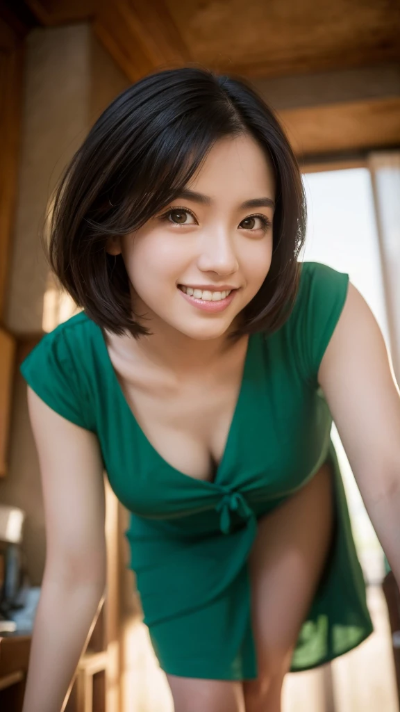 (Highest quality,masterpiece:1.3,Ultra-high resolution),(Very detailed,Caustics,8K), (Realistic:1.4, RAW shooting),(A city shrouded in mystery, Dense teeth), Sunlight shining through ,Light pours down,26 years old,cute,Are standing,(smile),Looking into the camera,Short black hair,(Green Dress), (Bust up shot),(Low position),(Low Angle),Natural light, ((Let's create 100 images by dividing the image we just created by 60.))