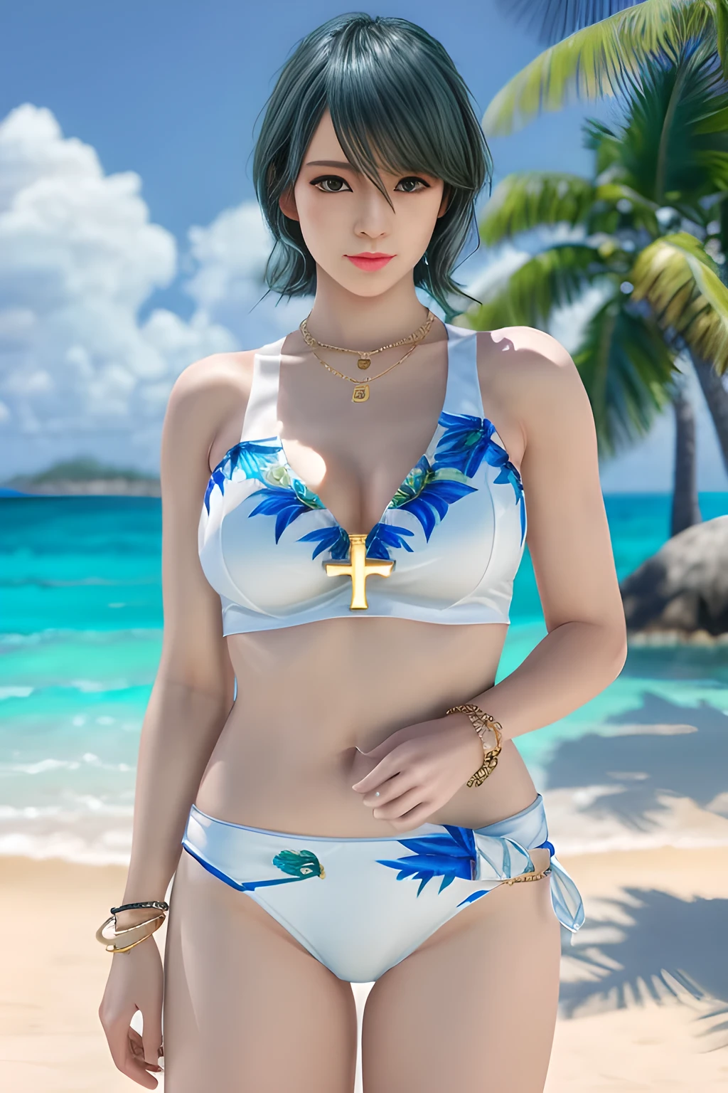 1girl,wearing a stylish white swimsuit. The outfit consists of a cross-neck top and a high-waisted bottom with sheer fabric and gold embellishments. a white sheet on the beach with a clear blue sea and sky in the background, surrounded by lush greenery and a few clouds. A palm tree can also be seen on the right. The sun is shining brightly, indicating that it is a sunny day. Paired with jewelry such as bracelets and necklaces, the overall picture gives a tropical beach feel,,beautiful detailed eyes, beautiful detailed lips, extremely detailed eyes and face, long eyelashes, (best quality,4k,8k,highres,masterpiece:1.2), ultra-detailed, (realistic,photorealistic,photo-realistic:1.37), sharp focus, vivid colors, HDR, studio lighting, physically-based rendering,tamaki