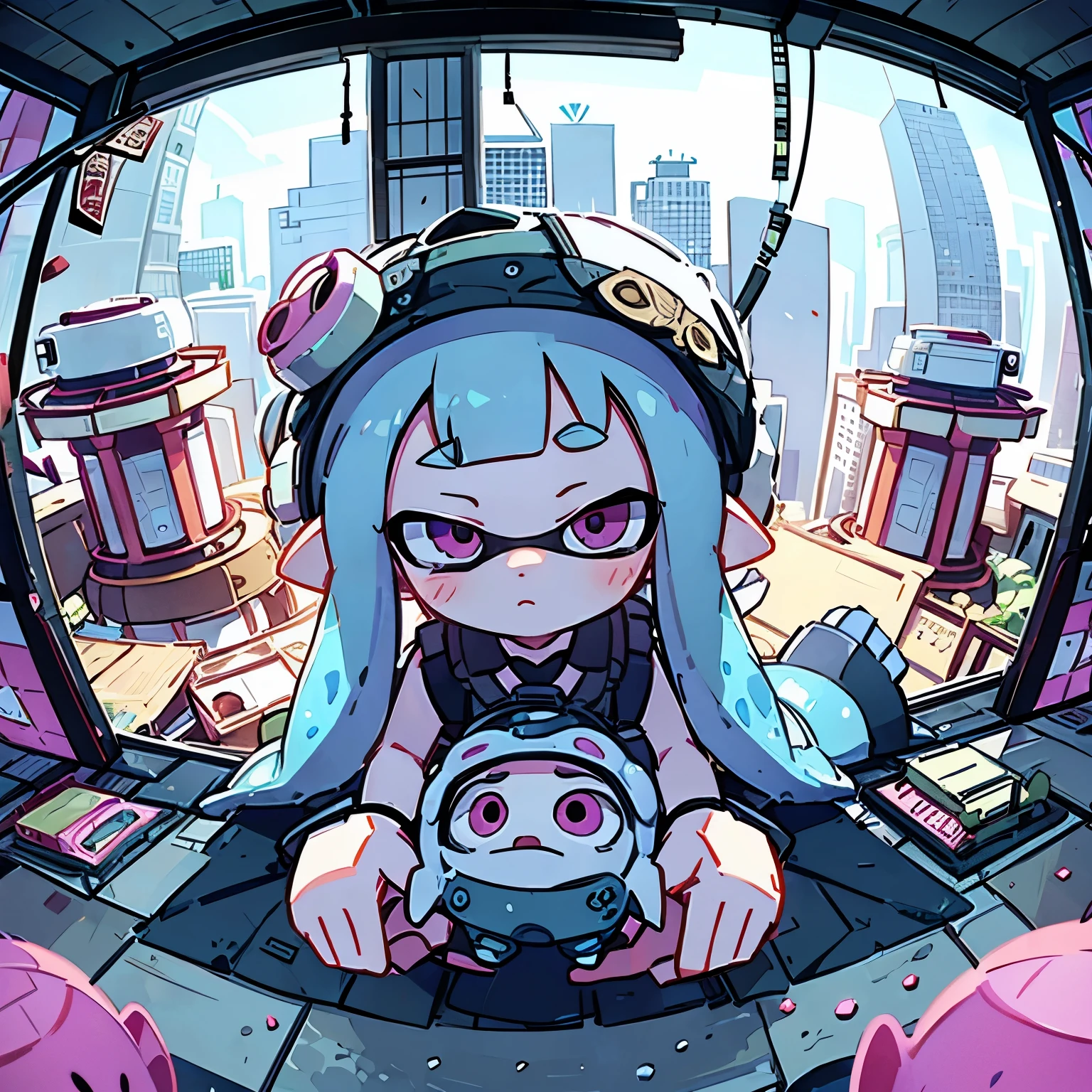 Absurd, High resolution, Very detailed, (1. splatoon girl:1.3), broken, Design a beautiful temple scene, Complex architecture, Lush garden, A sense of peace and spirituality. broken, Create a devastating image of the devil with terrifying features, Dark Power, A desire for chaos and destruction. broken, Designed with a fisheye effect image that captures a wide field of view with a unique curved viewing angle. break to create rooftop views in urban environments with panoramic cityscapes, Dramatic Skyline, and elation. break , Depict a tender moment between parent and  , Capture their bond, like, Connecting. broken, Draw an image using pointillism, Carefully arranging small colored dots、Cohesive、Create a visually appealing whole。.