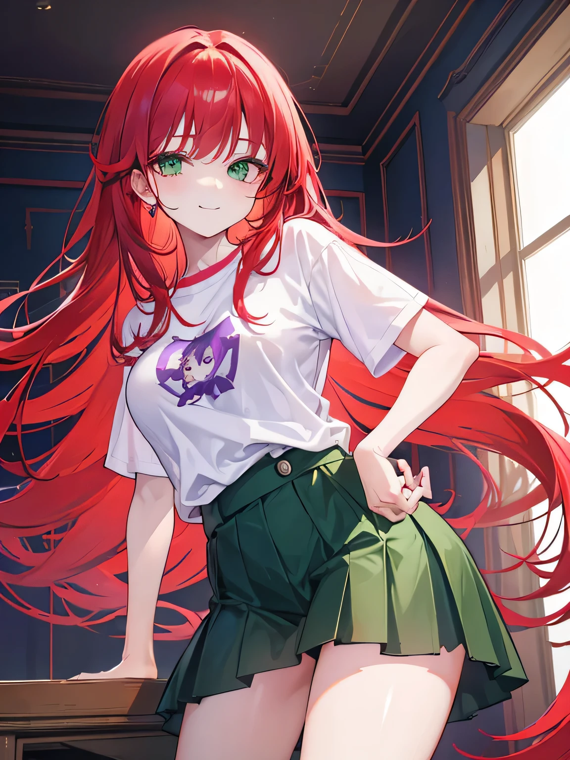 Anime girl with red hair and green skirt posing for a picture - SeaArt AI
