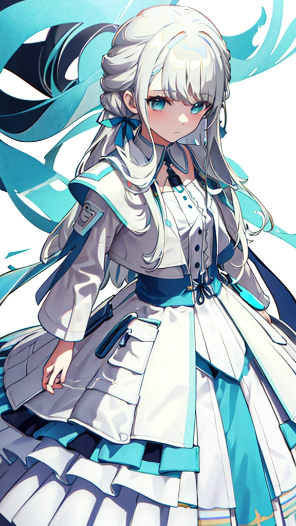 whole body、Character portrait、White Hair、Blue-green eyes、Long Hair、Straight Hair、White dress、mysterious、White background