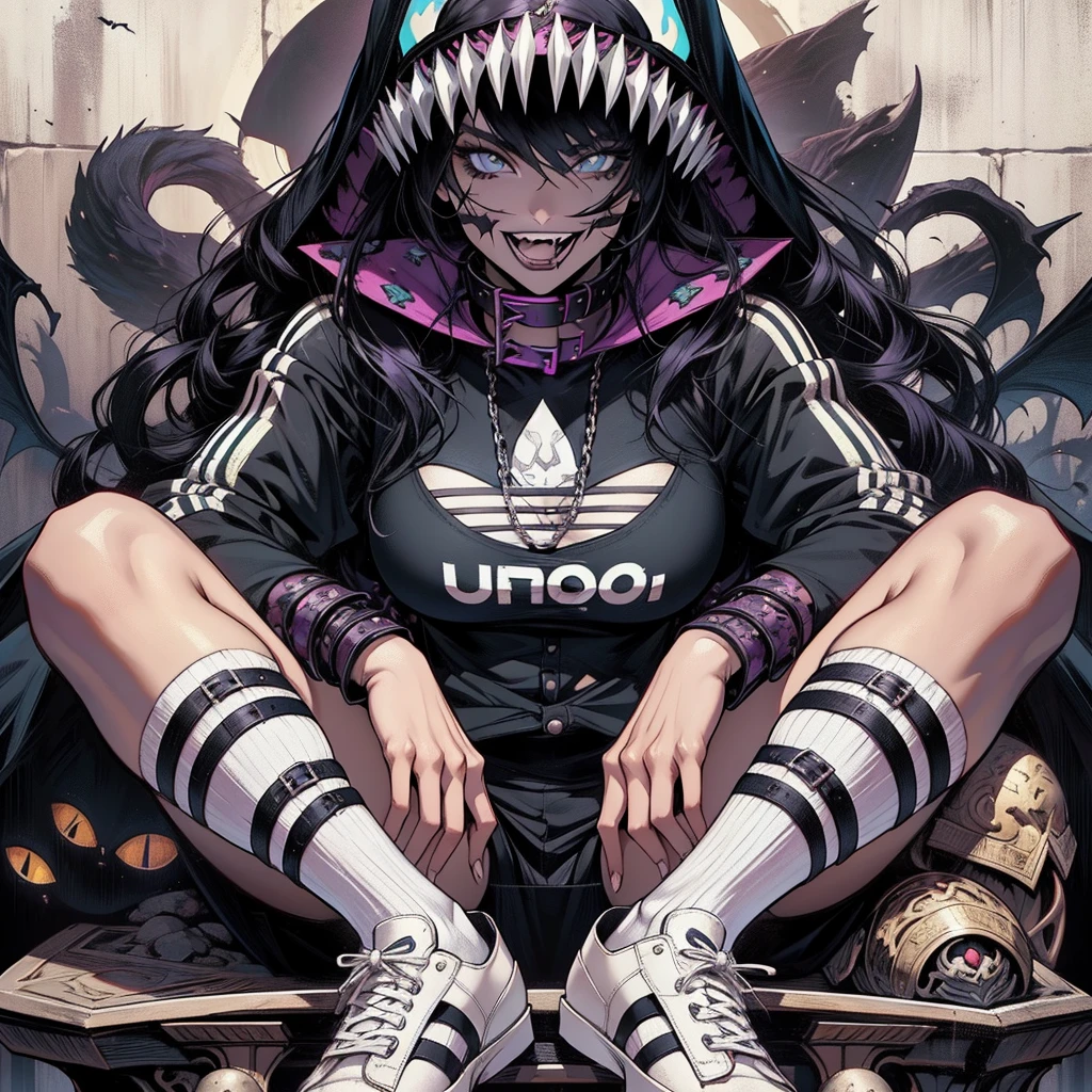 a woman sitting on a ledge in front of a full moon, heavy metal comic cover art, goth girl, sexy :8, attractive character, on amino, bats flying over tombstones, nico robin, horror smile, spike collar, beautiful fantasy painting, cruel korean goth girl, sultry and beckoning, pfp