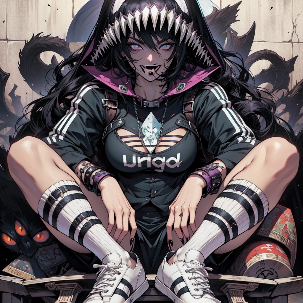 a woman sitting on a ledge in front of a full moon, heavy metal comic cover art, goth girl, sexy :8, attractive character, on amino, bats flying over tombstones, nico robin, horror smile, spike collar, beautiful fantasy painting, cruel korean goth girl, sultry and beckoning, pfp