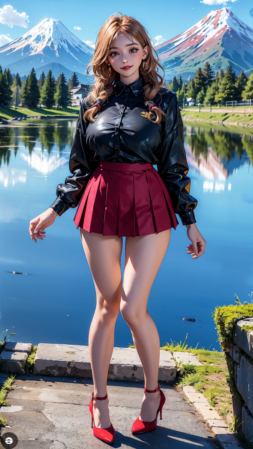 mix4, 20d, solo, long_hair, shirt, dress, high_heels, full_body, look_at_viewer, (8k, RAW photo, best quality, mastery:1.2), (realistic, photo-realistic:1.37), professional lighting, photon mapping, light energy transfer, physically based rendering, ((huge perky breasts, thick thighs, eyes)) colour full short dress, pleated (day time, Mt Fiji in background))((