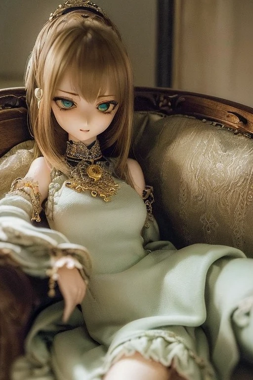 photorealistic, realistic photo, ((highest quality)), ((masterpiece)), (extremely detailed), kukolnydom, doll, (mature woman:1.7), solo, sitting on sofa, green eyes, (reclining on sofa, looking away, blank eyes, empty eyes, detailed eyes:1.3), (light smile), dress, museum, 8k