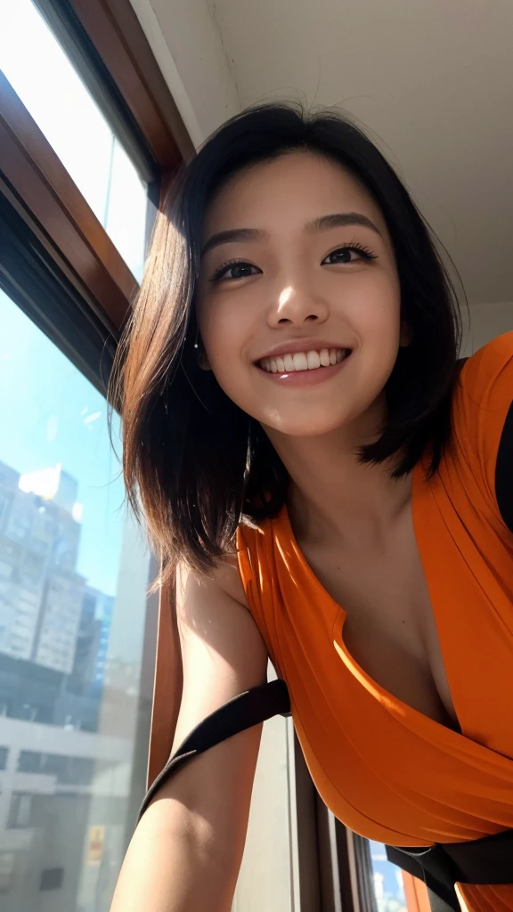 (Highest quality,masterpiece:1.3,Ultra-high resolution),(Very detailed,Caustics,8K), (Realistic:1.4, RAW shooting),(A city shrouded in mystery, Dense teeth), Sunlight shining through ,Light pours down,26 years old,cute,Are standing,(smile),Looking into the camera,Short black hair,(Orange Dress), (Bust up shot),(Low position),(Low Angle),Natural light, ((Let&#39;s create 100 images by dividing the image we just created by 60.))