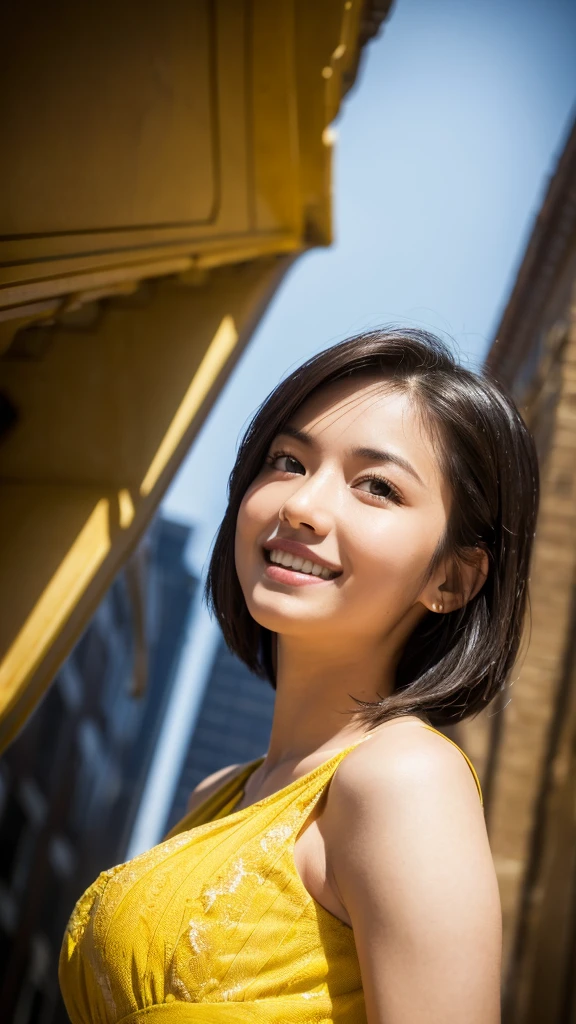 (Highest quality,masterpiece:1.3,Ultra-high resolution),(Very detailed,Caustics,8K), (Realistic:1.4, RAW shooting),(A city shrouded in mystery, Dense teeth), Sunlight shining through ,Light pours down,26 years old,cute,Are standing,(smile),Looking into the camera,Short black hair,(Yellow Dress), (Bust up shot),(Low position),(Low Angle),Natural light, ((Let's create 100 images by dividing the image we just created by 60.))