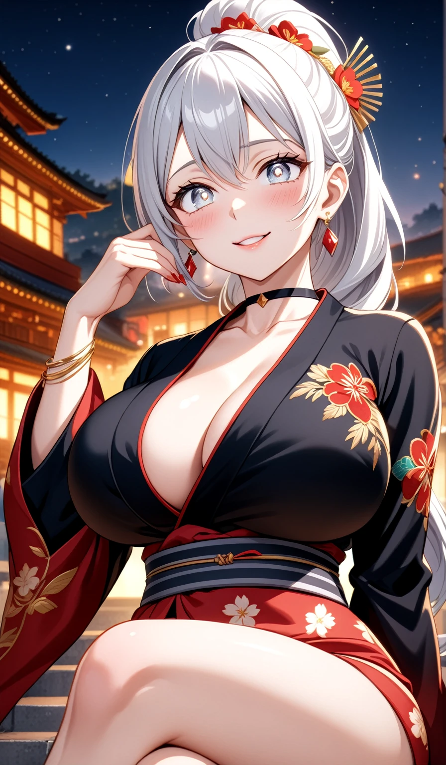 ((One personの女性)), Beautiful Face,Laughing embarrassedly,((Wink:1.7)), sit, ((crossed legs:1.4)), panty shot, Touching hair with hands,looking at viewer, Laugh with your mouth wide open,((Bright red cheeks:1.4)),Glossy Red Lips,night,rooftop,port,firework,Laughing with your mouth open,Lighting on the face,((Anime style background)),masterpiece, Highest quality, so beautiful,Latest, Complex details, (Pink long nails), (ring),(bracelet),(choker),AI-generated, Complex,High resolution, Highest quality, super high quality,3D Images、3D Images,One person,Long white hair,High Ponytail,((blue eyes)),写真のポーズをとるAnime Women, ((Fine grain、Silvery white, lightly pigmented eyes、Shining Eyes:1.4)),(Squint your eyes:1.1),a hyperRealistic , hyperRealistic , Realistic,Anime Women,Smooth anime CG art, A woman in a colorful kimono with gold embroidery, (Black long sleeve kimono),Red floral pattern,Long flower hair ornament,Floral Earrings,Mature Body,(Big Breasts:1.1),Tall,Abdominal muscles,Tight waist,(Zoom up to face:1.4), (dynamic angle),