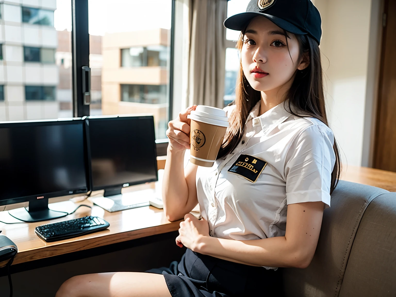 a cute girl, office casual uniform, uniform cap, security guard, drinking coffee, high resolution, (high quality)