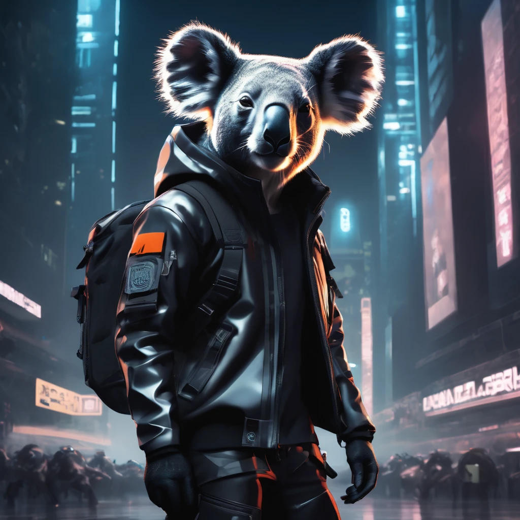 Techwear fashion Animecore, Axel Törneman, Mannerism Art, Gigantic Koala, Neogothic Art, American Expressionism, stylized, Lowbrow Art, . Futuristic, cyberpunk, urban, tactical, sleek, dark, highly detailed