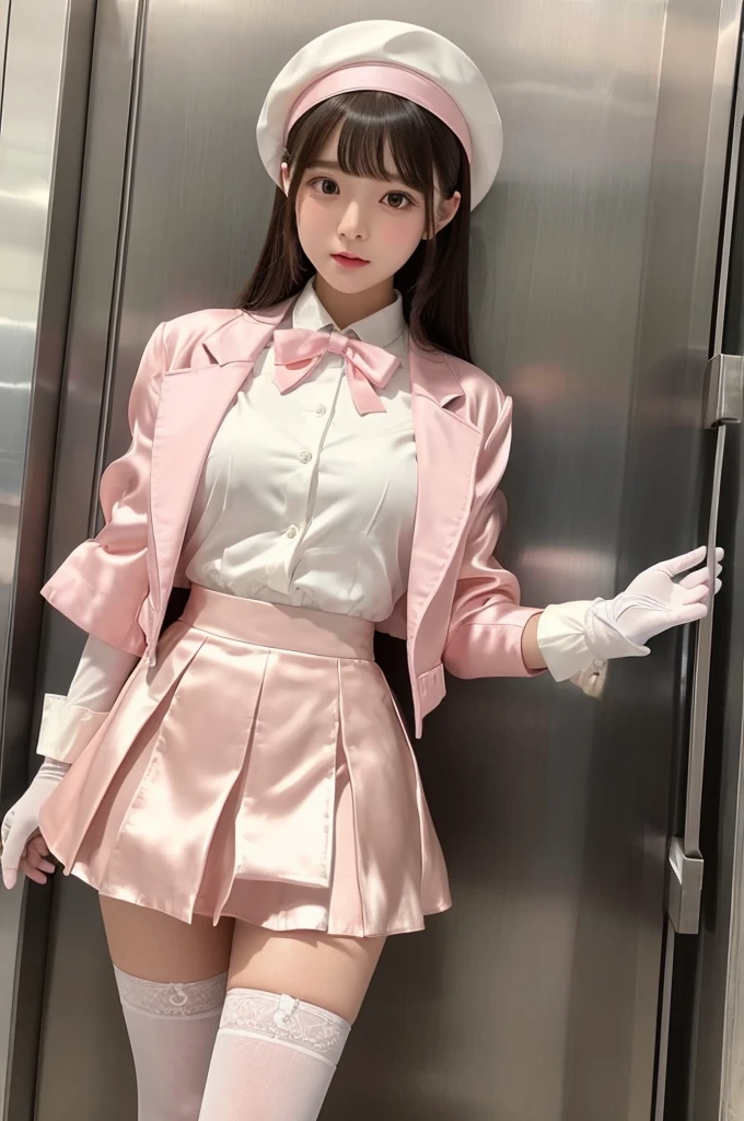 Highest quality、Elevator Girl、Shiny silk outfit、Short pink jacket、White blouse with ribbon、Micro Mini Skirt、Very short skirt、Tight Skirt、A small round hat with a ribbon、Skinny、White gloves、White over-the-knee socks、Flushed Cheeks、Embarrassed look、Pull the skirt down with your hands