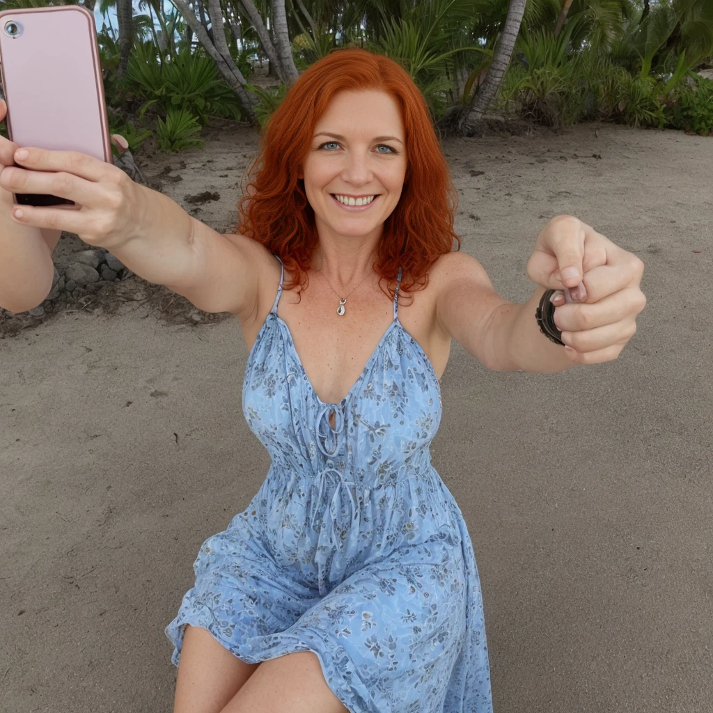 1girl, solo, realistic, anorexia, ((ugly:1.5)), German woman, ((mature)), ((old woman)), ((wrinkled body)), (65-years-old), (German woman features), curly red hair, (German blue-eyes), long curly hair, hair bobbles, light freckles on cheeks and nose, eye wrinkles, plump lips, (German old body), she is Amanda and she has fair skin, (upper body and upper legs), (background: outside Honolulu beachside), wearing maxi dress, smiling, (((ginger-red hair))), (((selfie shot)))
