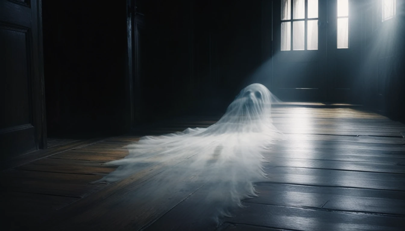 a ghost's foot casting a long shadow on the floor outside an old wooden door, highly detailed, cinematic lighting, dark moody atmosphere, spooky, hyper realistic, 8k, photorealistic