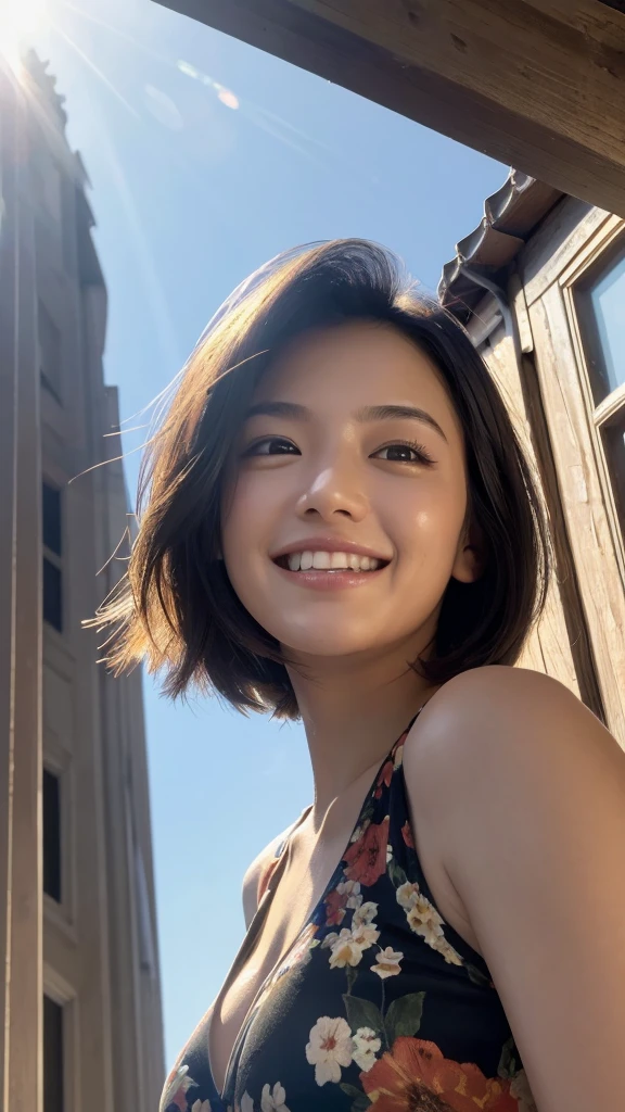 (Highest quality,masterpiece:1.3,Ultra-high resolution),(Very detailed,Caustics,8K), (Realistic:1.4, RAW shooting),(A city shrouded in mystery, Dense teeth), Sunlight shining through ,Light pours down,26 years old,cute,Are standing,(smile),Looking into the camera,Short black hair,(Floral Dress), (Bust up shot),(Low position),(Low Angle),Natural light, ((Let's create 100 images by dividing the image we just created by 60.))