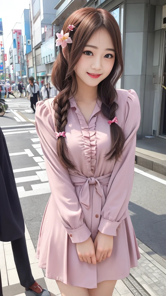 Raw photo、Ultra-realistic、Ultra detailed face、Detail lips、Detailed eyes、High school girl smiling showing her teeth、Long Hair:1.1、chest、Visible curves、Laughing with your mouth open 、Tokyo city角、 Whole body、( Slender body)、(Long Hair)、Big Breasts、Idol、(pastel colour)、18-year-old、Small face、Braid、 Tokyo city、Long beautiful legs 1.2、Curved waist、flower、uniform、blouse、Wide forehead