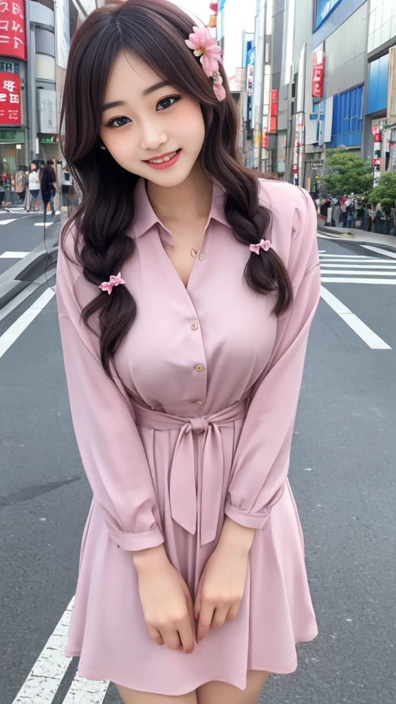 Raw photo、Ultra-realistic、Ultra detailed face、Detail lips、Detailed eyes、High school girl smiling showing her teeth、Long Hair:1.1、chest、Visible curves、Laughing with your mouth open 、Tokyo city角、 Whole body、( Slender body)、(Long Hair)、Big Breasts、Idol、(pastel colour)、18-year-old、Small face、Braid、 Tokyo city、Long beautiful legs 1.2、Curved waist、flower、uniform、blouse、Wide forehead
