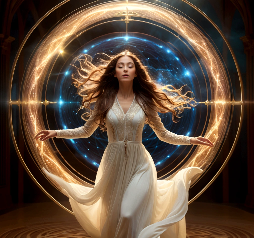 a woman levitating in a surreal, dreamlike environment, realistic, photorealistic, highly detailed, intricate, beautiful eyes, elegant face, long flowing hair, graceful pose, surrounded by glowing magnetic energy fields, ethereal, otherworldly, warm color palette, dramatic lighting, cinematic composition