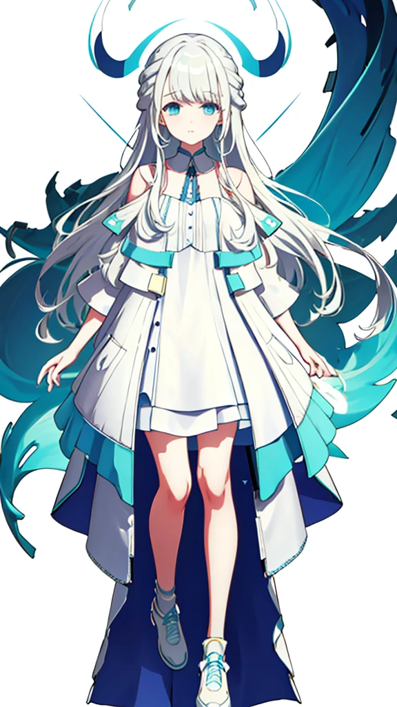 whole body、Character portrait、White Hair、Blue-green eyes、Long Hair、Straight Hair、White dress、White shoes、mysterious、White background