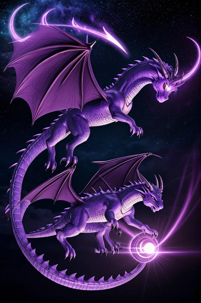 Mystical dragon,time magic,purple aura,flying,glowing eye,single horn