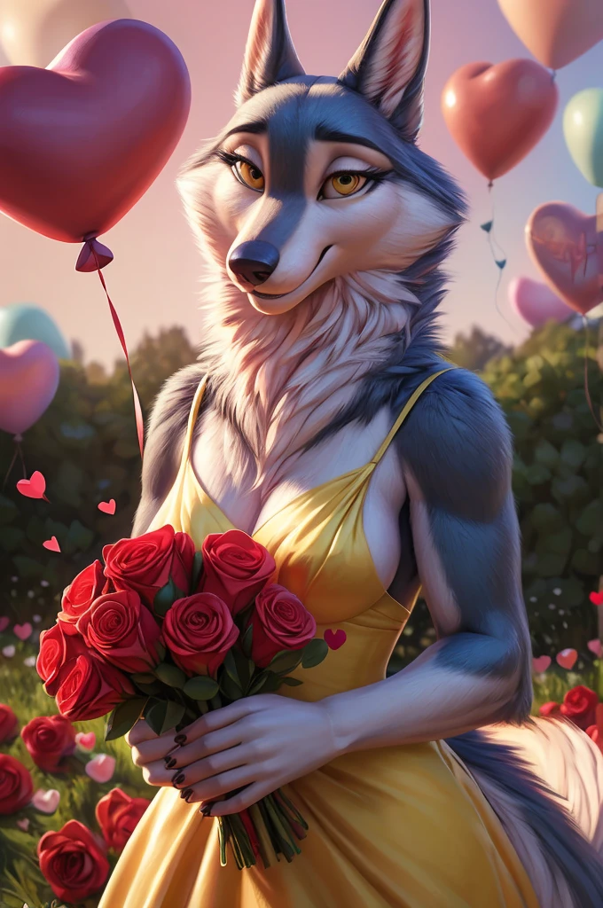 (by pixelsketcher:0.6), (by personalami :0.6), solo, female, porsha, canine, detailed background, (cinematic lighting:1.1), (perfect focus:1.1), 8k hd, photo, (detailed eyes:1.2),depth of field, bokeh, subsurface scattering, perfect breasts, wide angle,(dress, yellow dress,neckline,bouquet of flowers, bouquet of roses, holding a bouquet of roses), bright colors, (furry detail:1.3),detailed background, green field, green landscape,realistic, photorealistic, ultra realistic,(tail),smile,(fluffy:1.3), furry, buff, (realistic fur:1.1), (extreme fur detail:1.2),(detailed yellow pixar style eyes),,((valentine, hearts, flying hearts,heart shaped balloons))