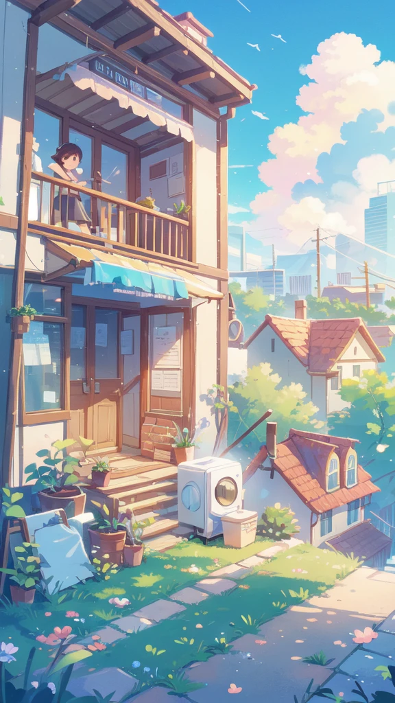No humans,balcony，((A washing machine))，Clothes to dry，Distant city scenery，sky scraper，Sun and blue sky、Ultra-high quality
