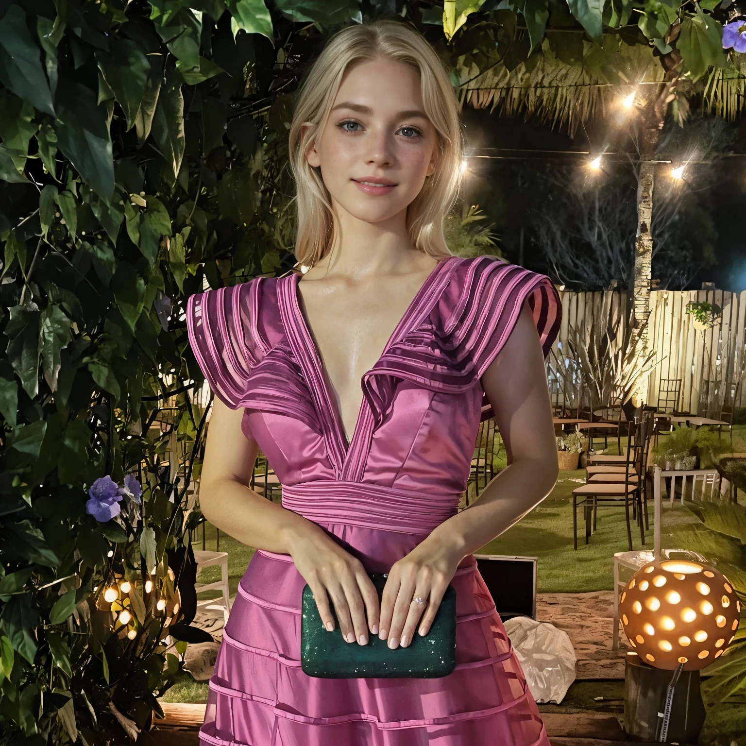 a one woman, americana, age 25, pale skin and freckles, grey-eyed, delicate nose, soft and delicate lips, distant, cabelo blondie distant e ondulado na altura da cintura, Sweet smile, face with delicate feminine facial features, Highly Rendering 