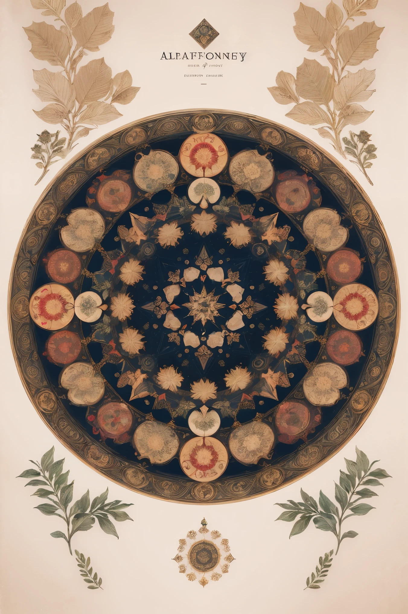cover page, Perfume poster, kaleidoscope, rzminjourney, vector-art, High-quality illustrations by Alfons Mucha, masterpiece(textile)logo mark, round, colorful flower, Magic World Herbs