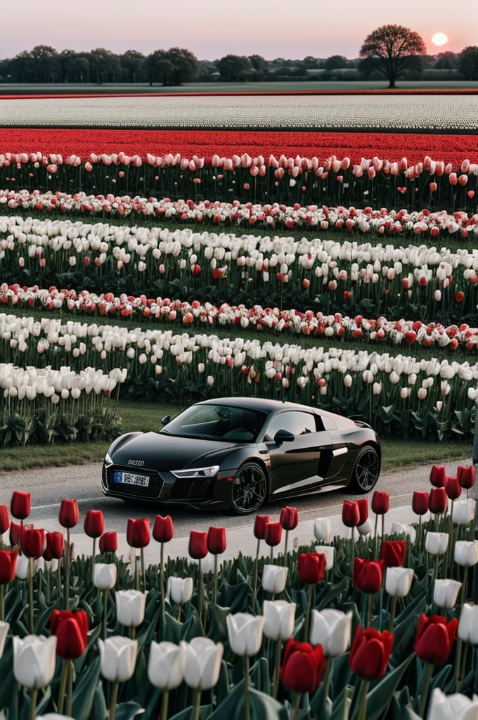 Black Audi R8 in a field of white and red tulips at dusk 
