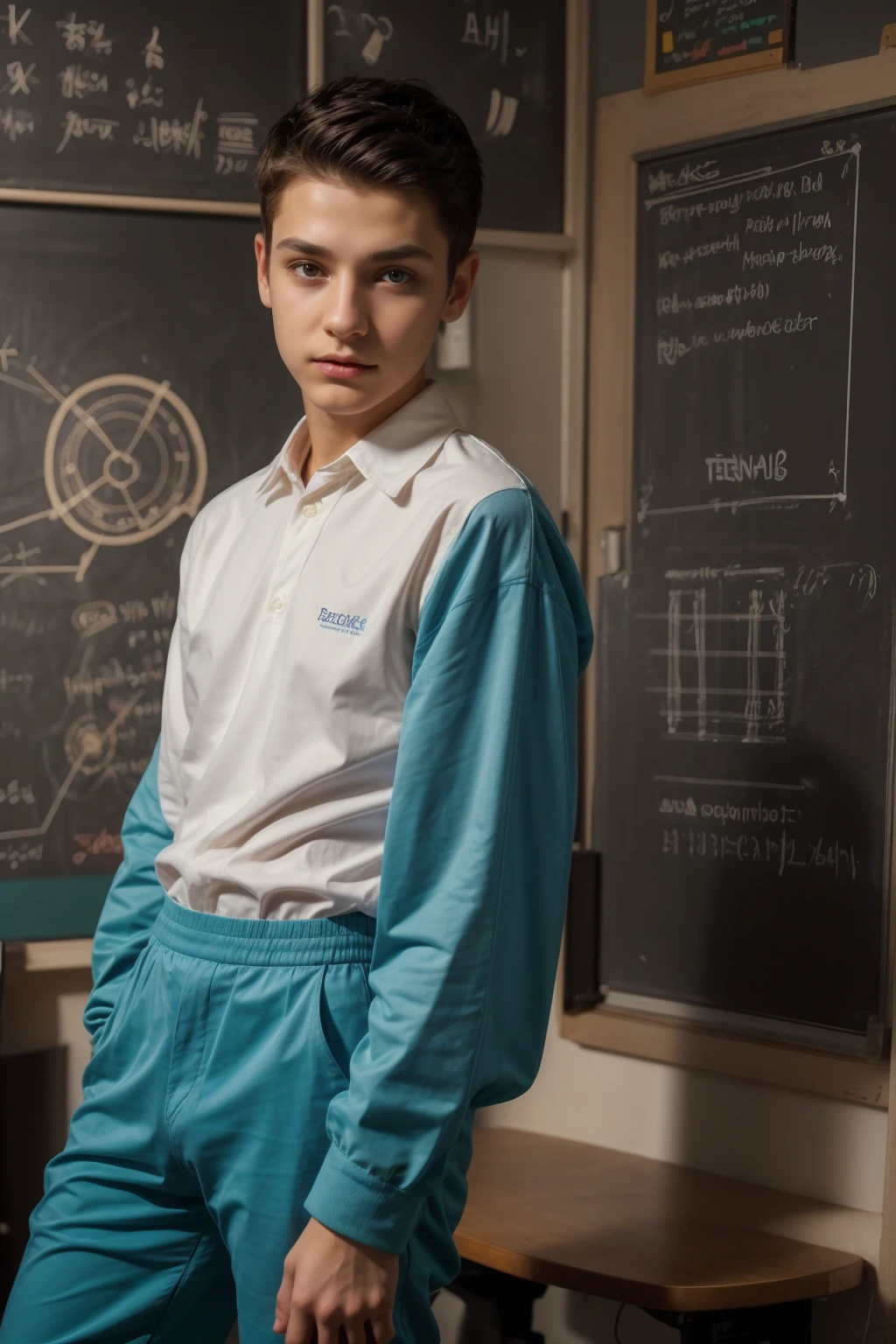 A beautiful young male twink with black hair and a white face with makeup. He is wearing a long-sleeved shirt with a tight white collar and tight aquamarine cotton pants. He is sitting in his office, writing with a huge scientific book, and behind him is a blackboard on which are written the shape of the brain and its anatomy.