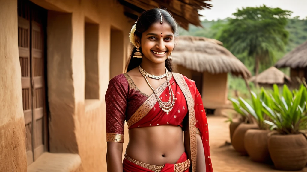 A  Indian girl wearing swimsuit and dupatta on head in Indian Village 