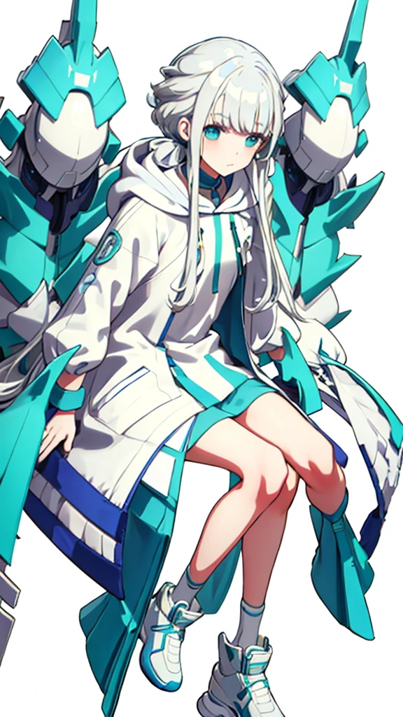 whole body、Character portrait、White Hair、Blue-green eyes、Long Hair、Straight Hair、White hoodie、White shoeysterious、White background