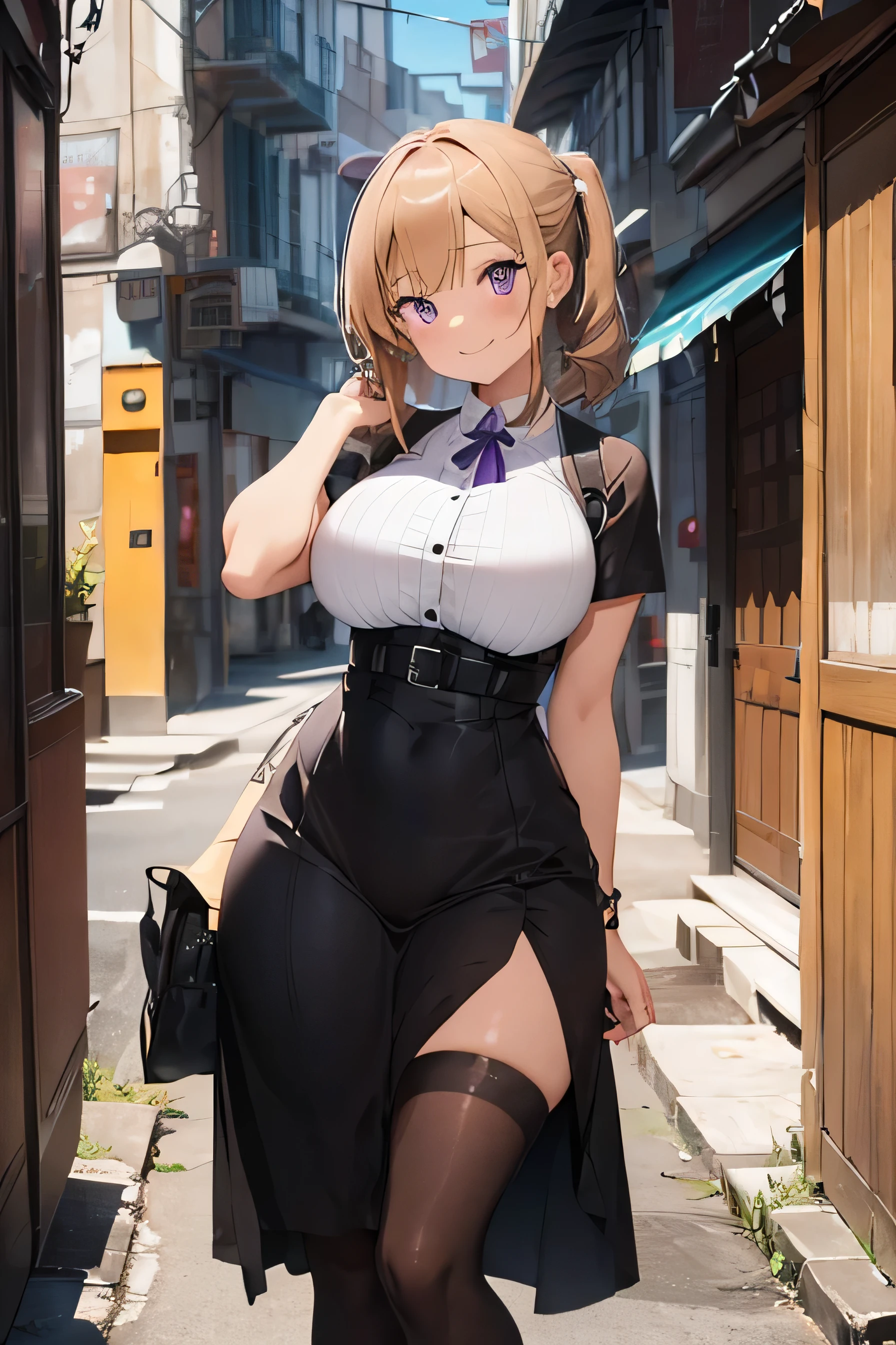 a girl with a big ass, she has a big ass and wide hips, she has violet eyes, her butt is marked in the dress, she is smiling