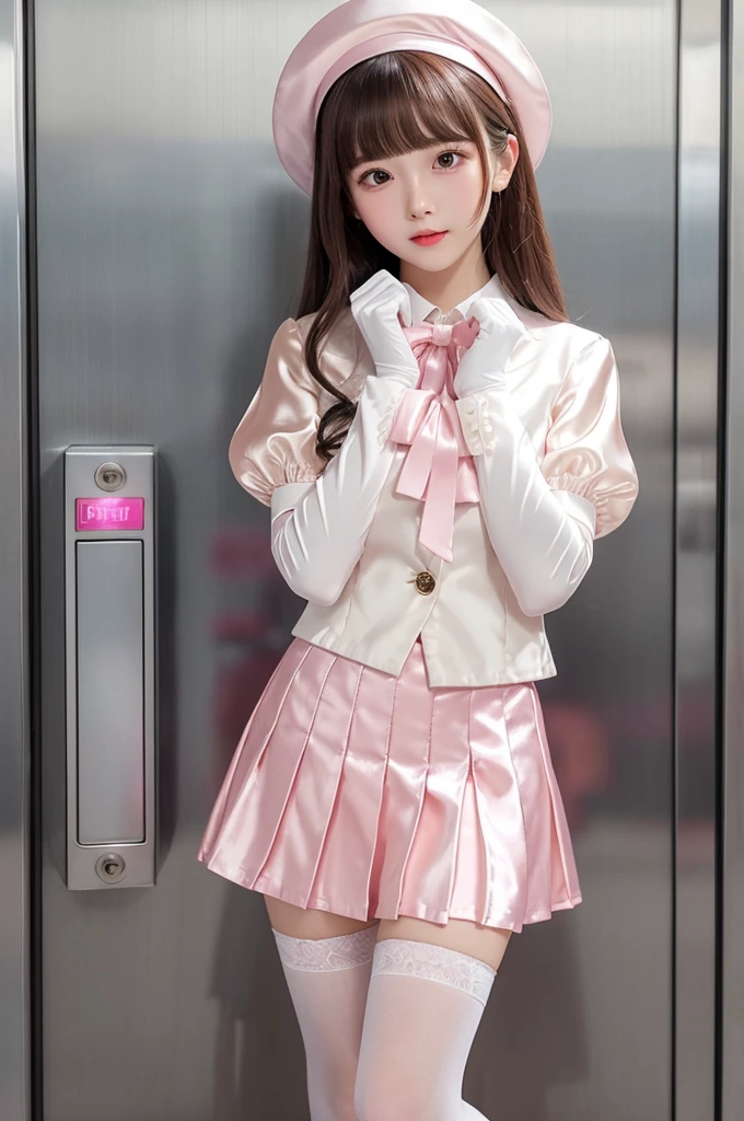 Highest quality、Elevator Girl、Shiny silk outfit、Short pink jacket、White blouse with ribbon、Micro Mini Skirt、Very short skirt、Tight Skirt、A small round hat with a ribbon、Skinny、White gloves、White over-the-knee socks、Flushed Cheeks、Embarrassed look、Pull the skirt down with your hands
