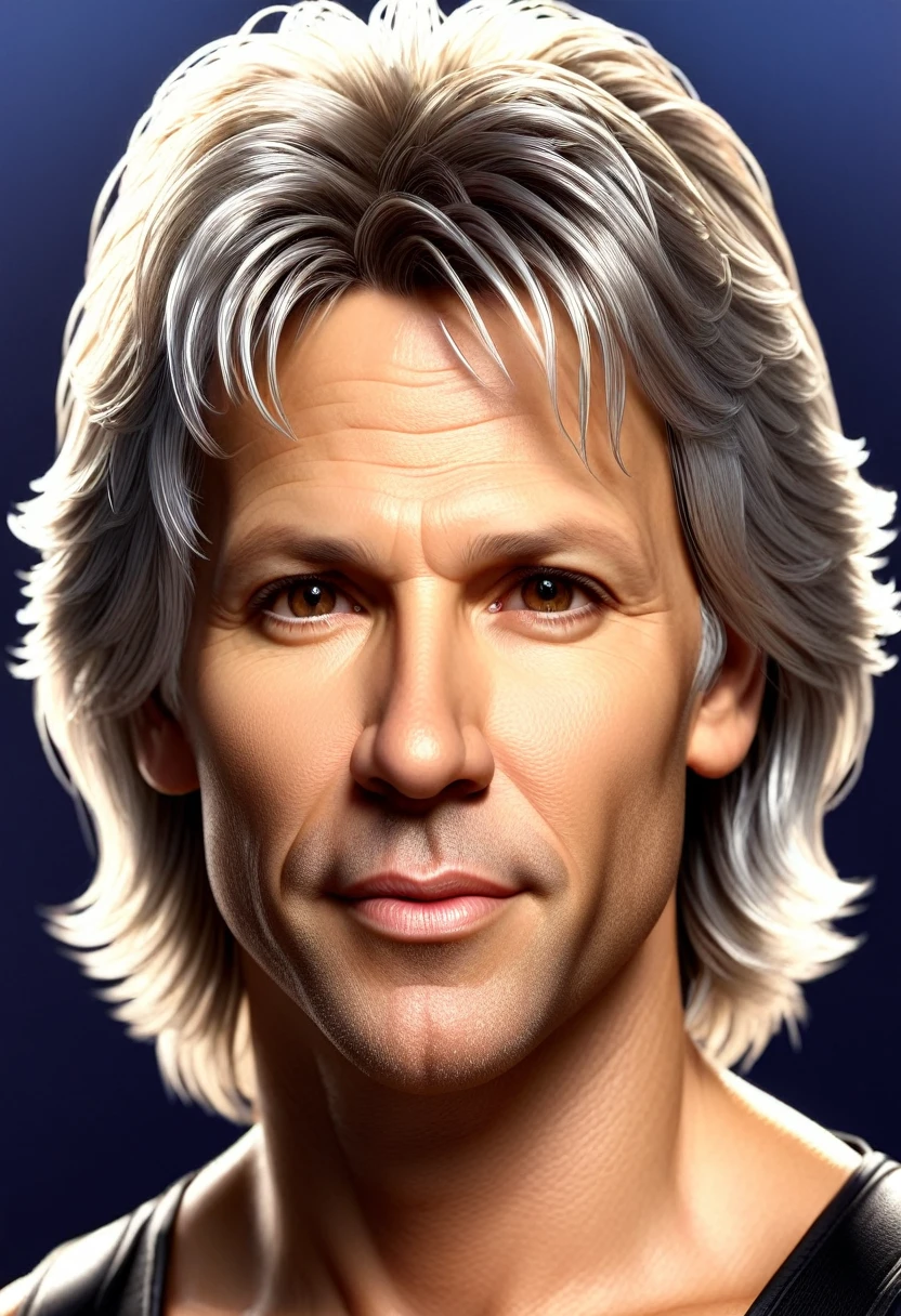 A man named Lineker, 45 years old, with light hair and brown eyes, whose face resembles the singer Jon Bon Jovi, would likely have a very distinctive and attractive appearance. If we imagine this Lineker, he would have striking features that could be described as follows: