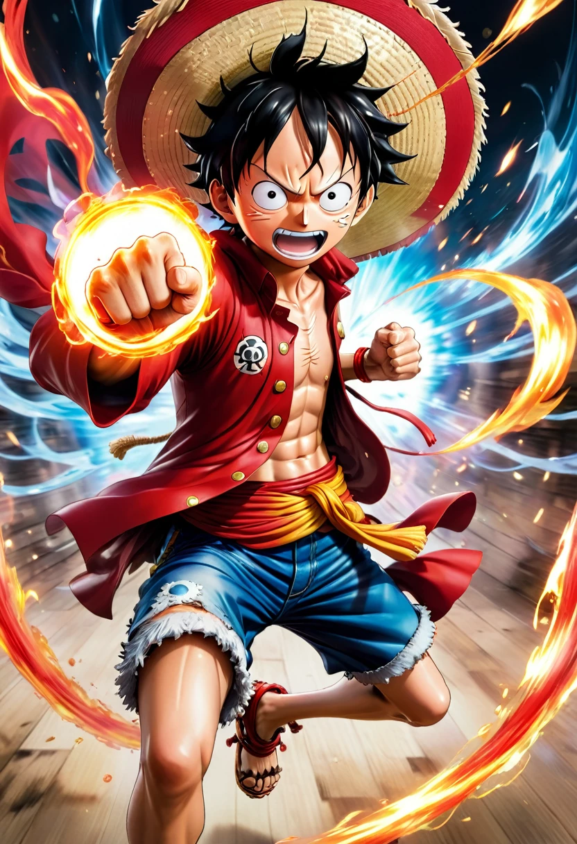 a real photo of Luffy from one piece in his joyboy gear fifth form fighting a battle jumoing through air with a red aura around his fist
