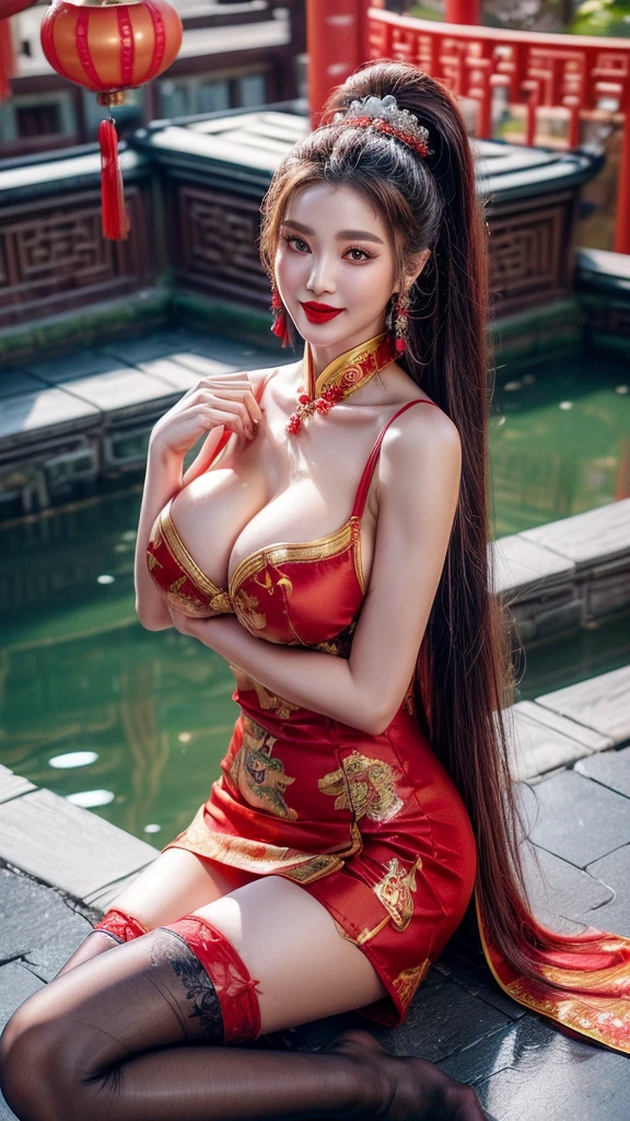 4K, UHD, masterpiece, solo girl, good face, detailed eyes, detailed lips, very long hair, straight hair, very long hair, beautiful hair, bride hair ornaments, hairband, sexy bun with ponytail hair, ((Chinese ancient bride dress), (photorealistic:1.5), (Realistic big breasts:1.35), (Slender six pack abs), (smile), ((NSFW:0)), ((busty Cleavage)), ((( enchanting body, red lipstick, stockings, Chinese courtyard, bold dress, d-cup, breast focus, closeup))), ornaments, necklace, earring, high lighting, depth of field, ray tracing, ultra-realistic detail