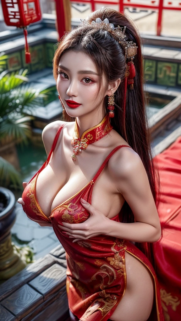 4K, UHD, masterpiece, solo girl, good face, detailed eyes, detailed lips, very long hair, straight hair, very long hair, beautiful hair, bride hair ornaments, hairband, sexy bun with ponytail hair, ((Chinese ancient bride dress), (photorealistic:1.5), (Realistic big breasts:1.35), (Slender six pack abs), (smile), ((NSFW:0)), ((busty Cleavage)), ((( enchanting body, red lipstick, stockings, Chinese courtyard, bold dress,  d-cup, breast focus, closeup))), ornaments, necklace, earring, high lighting, depth of field, ray tracing, ultra-realistic detail